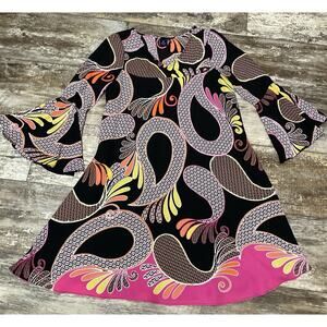 Kaari Blue Women's Long Bell Sleeve Retro Paisley Lined Shift Dress SZ XS